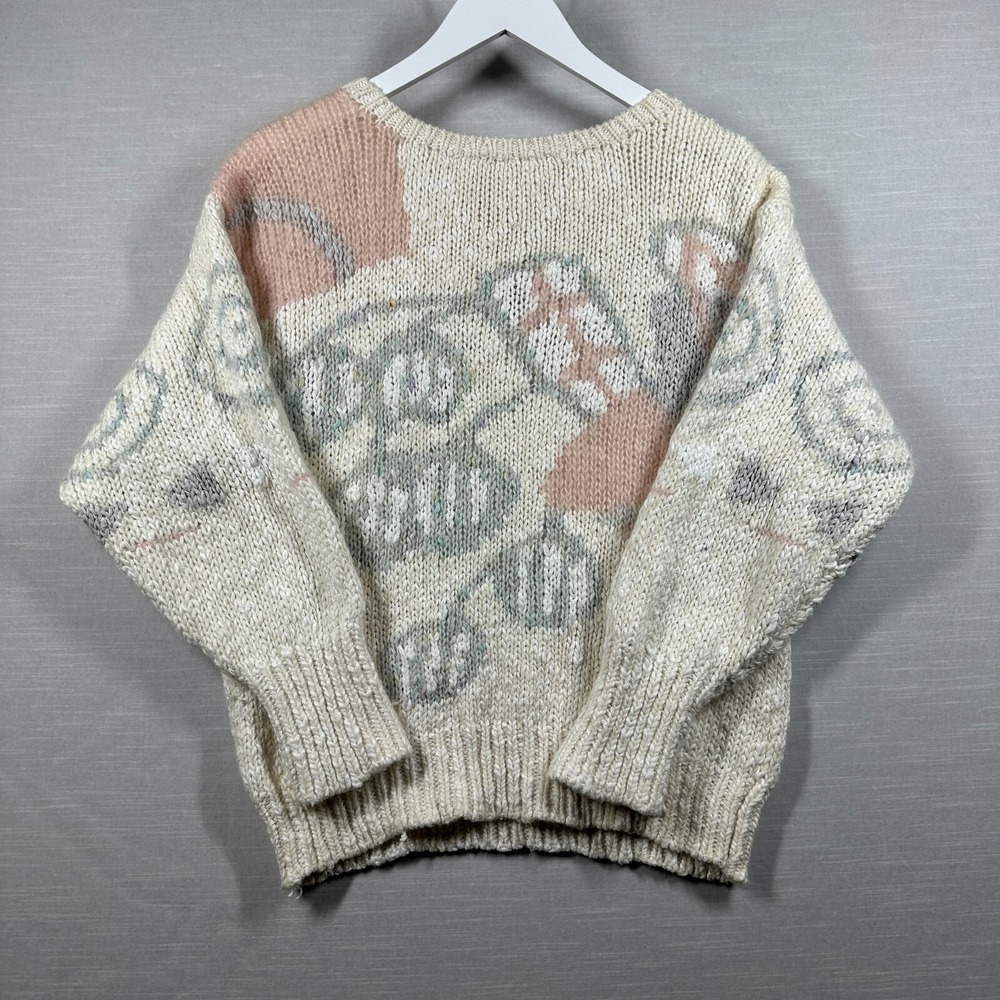 Lauren Hansen Sweater Womans‎ Medium White Hand Knitted Flowers Abstract Pastel